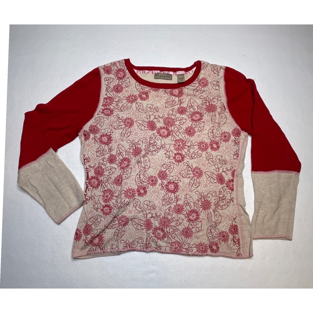 i.e. relaxed Women Sweater Floral Raglan Mixed Media Size L Red Cream